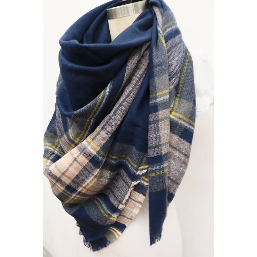 Plaid Oversized Blanket Scarves : NAVY / ONE