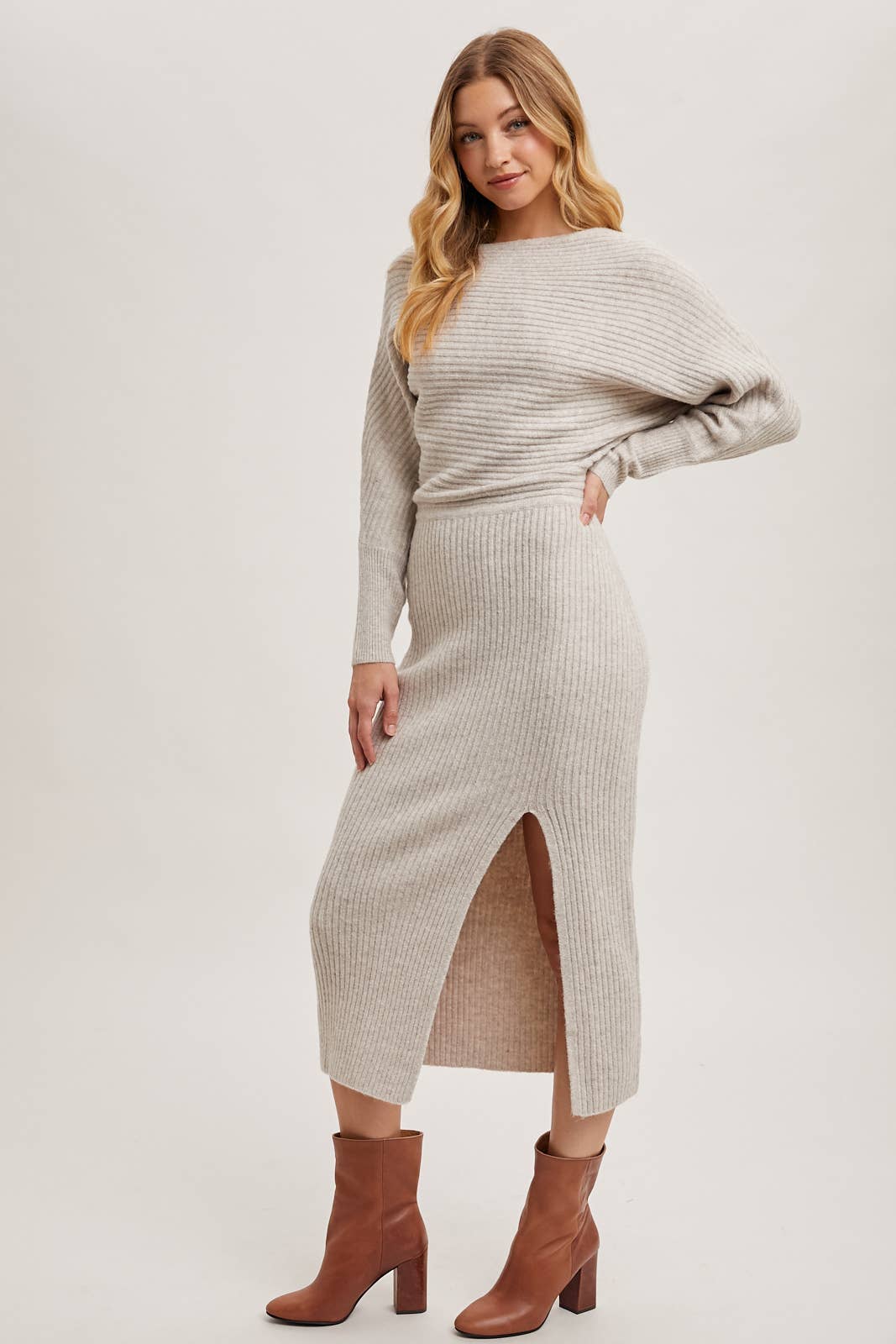 Boat Neck Side Slit Midi Sweater Dress-Oatmeal