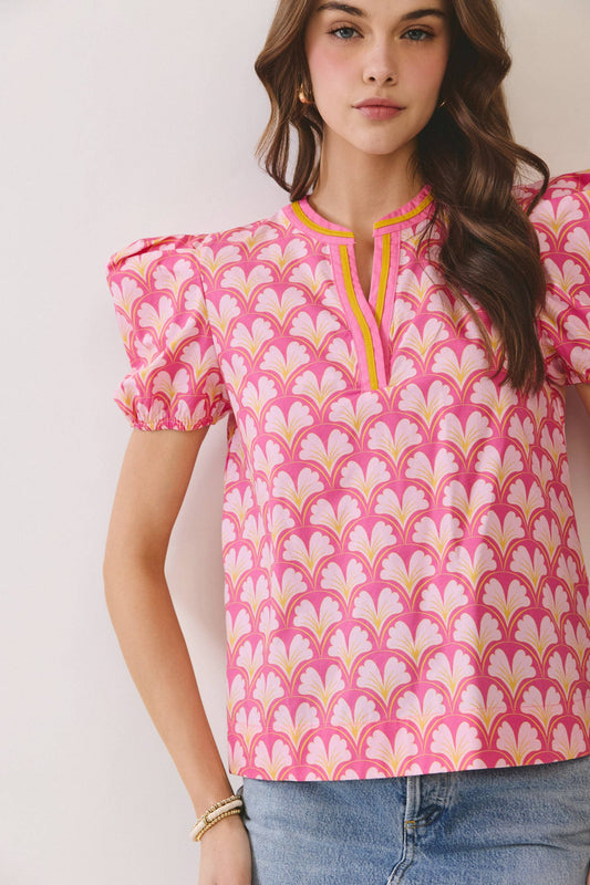 Geometric Print V Neck Puff Sleeve Top