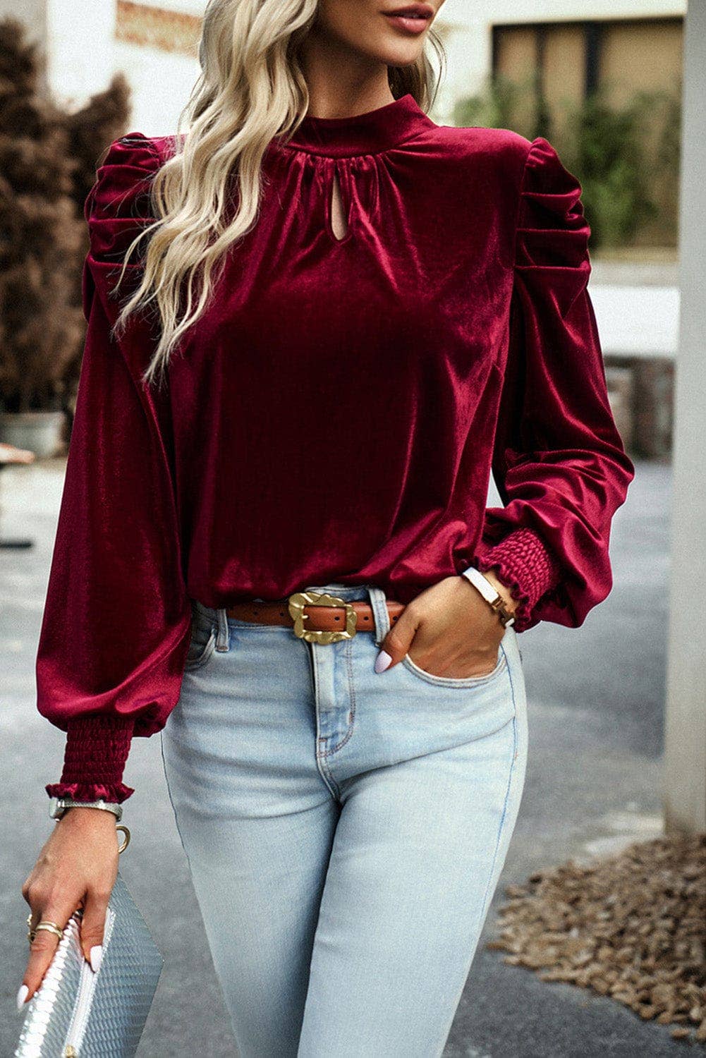 Heni Keyhole Velvet Blouse-Cranberry Red