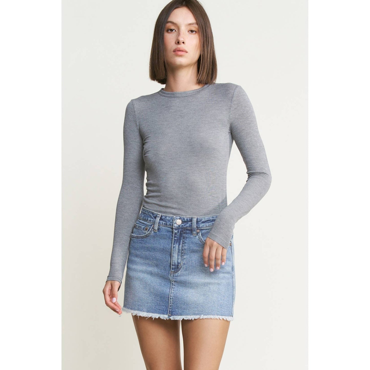 Mica Denim - DENIM MINI SKIRT WITH RAW HEM: CYAN-LIGHT BLUE / L