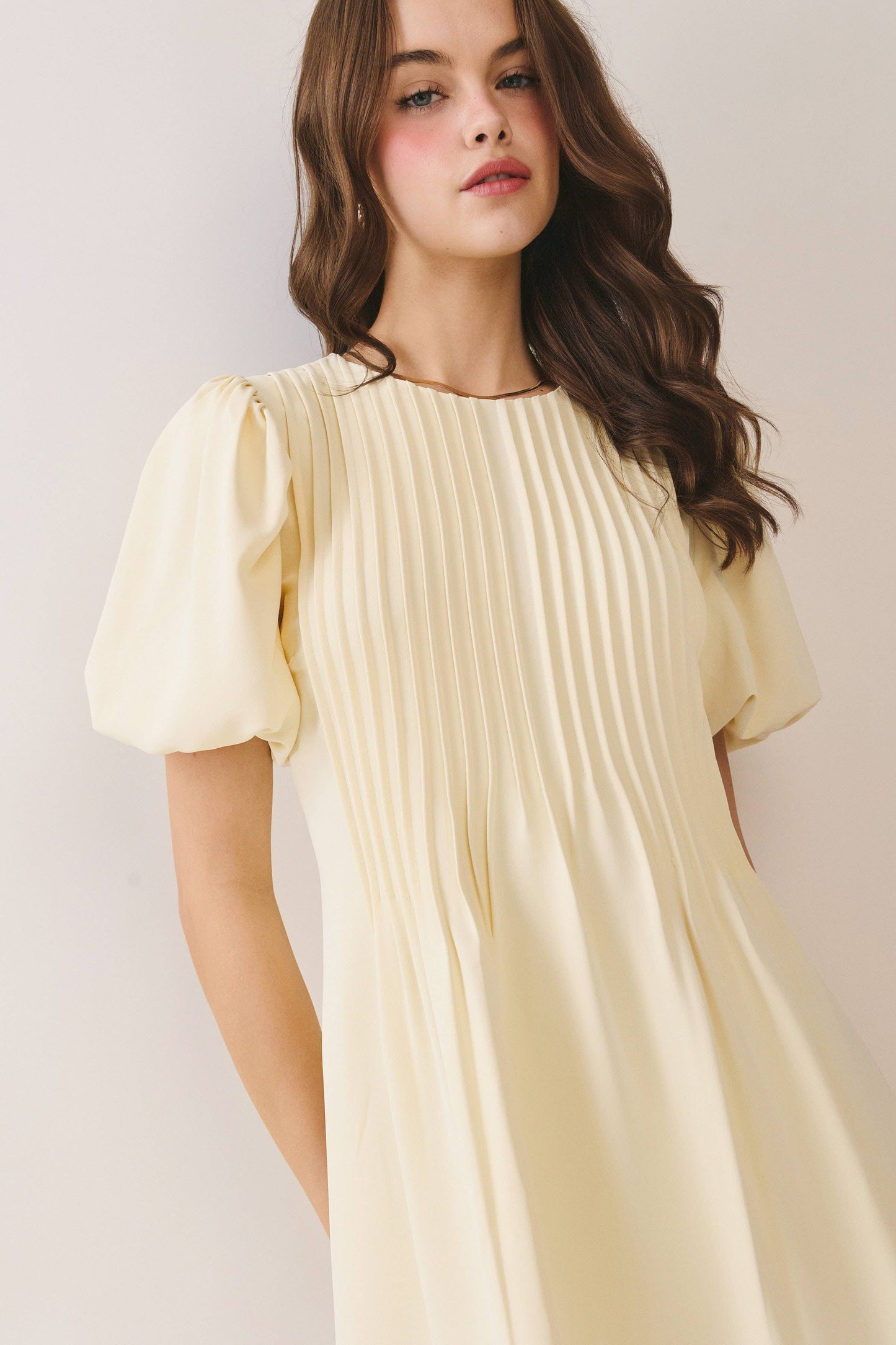 Pleated A Line Dress-Pale Yellow