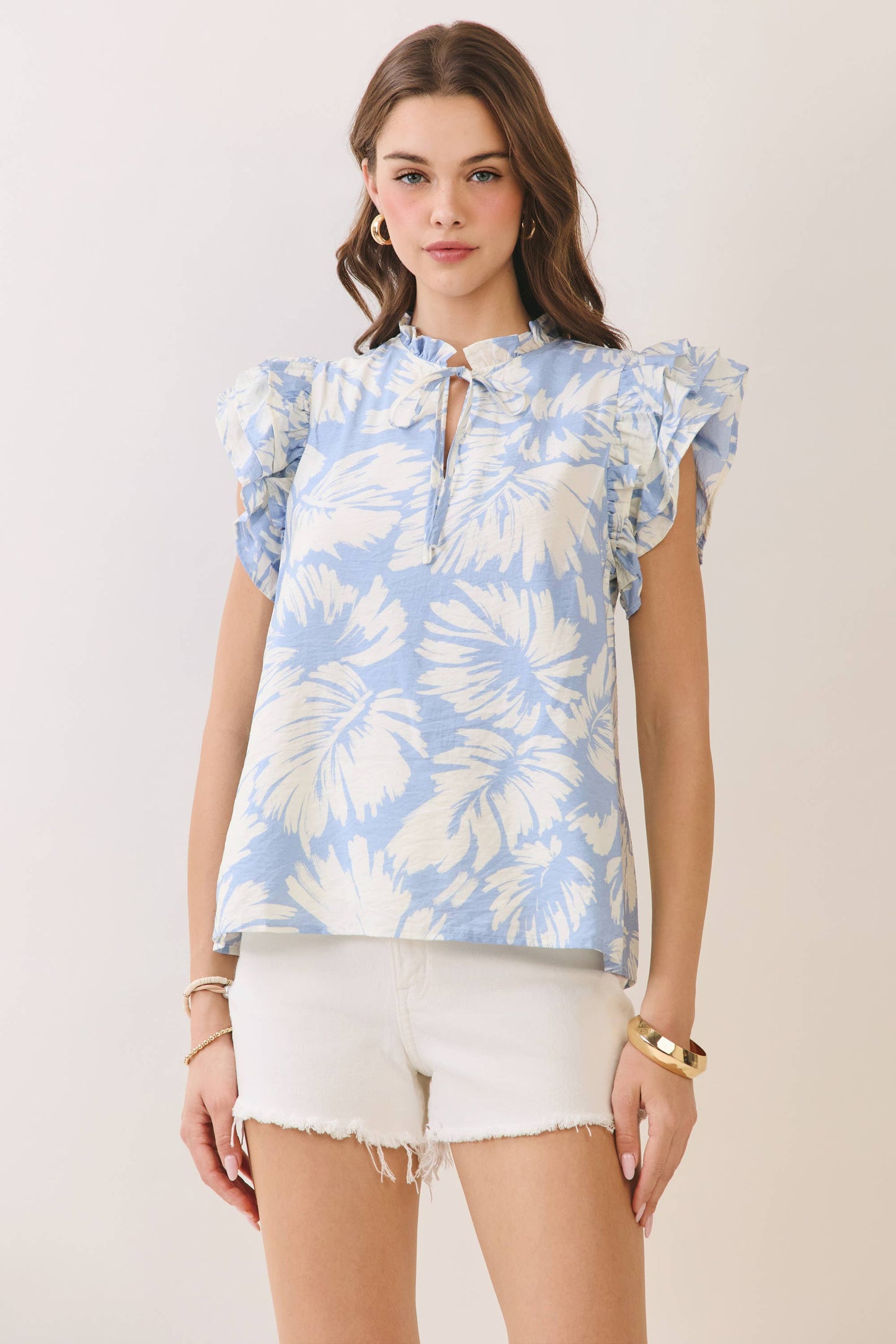 Floral Print Ruffled Neck & Sleeve Top