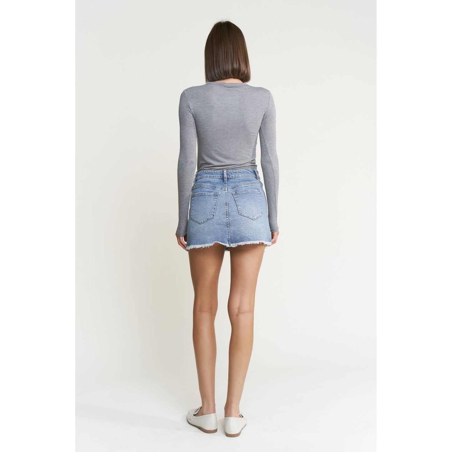 Mica Denim - DENIM MINI SKIRT WITH RAW HEM: CYAN-LIGHT BLUE / XS