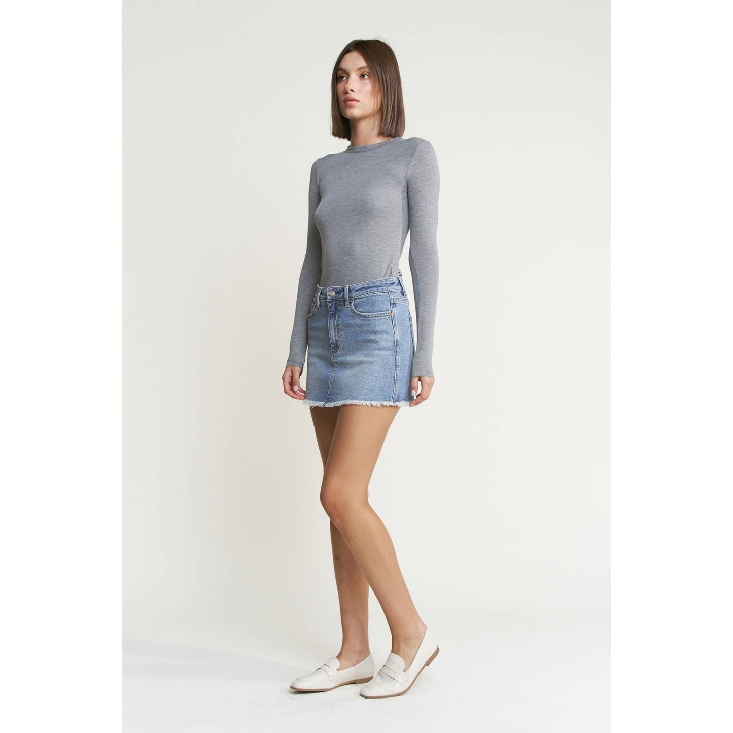 Mica Denim - DENIM MINI SKIRT WITH RAW HEM: CYAN-LIGHT BLUE / L