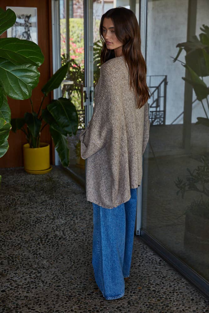 By Together - W2335 | Knit Folded Quarter Sleeve Open Front Cardigan: Mocha / M