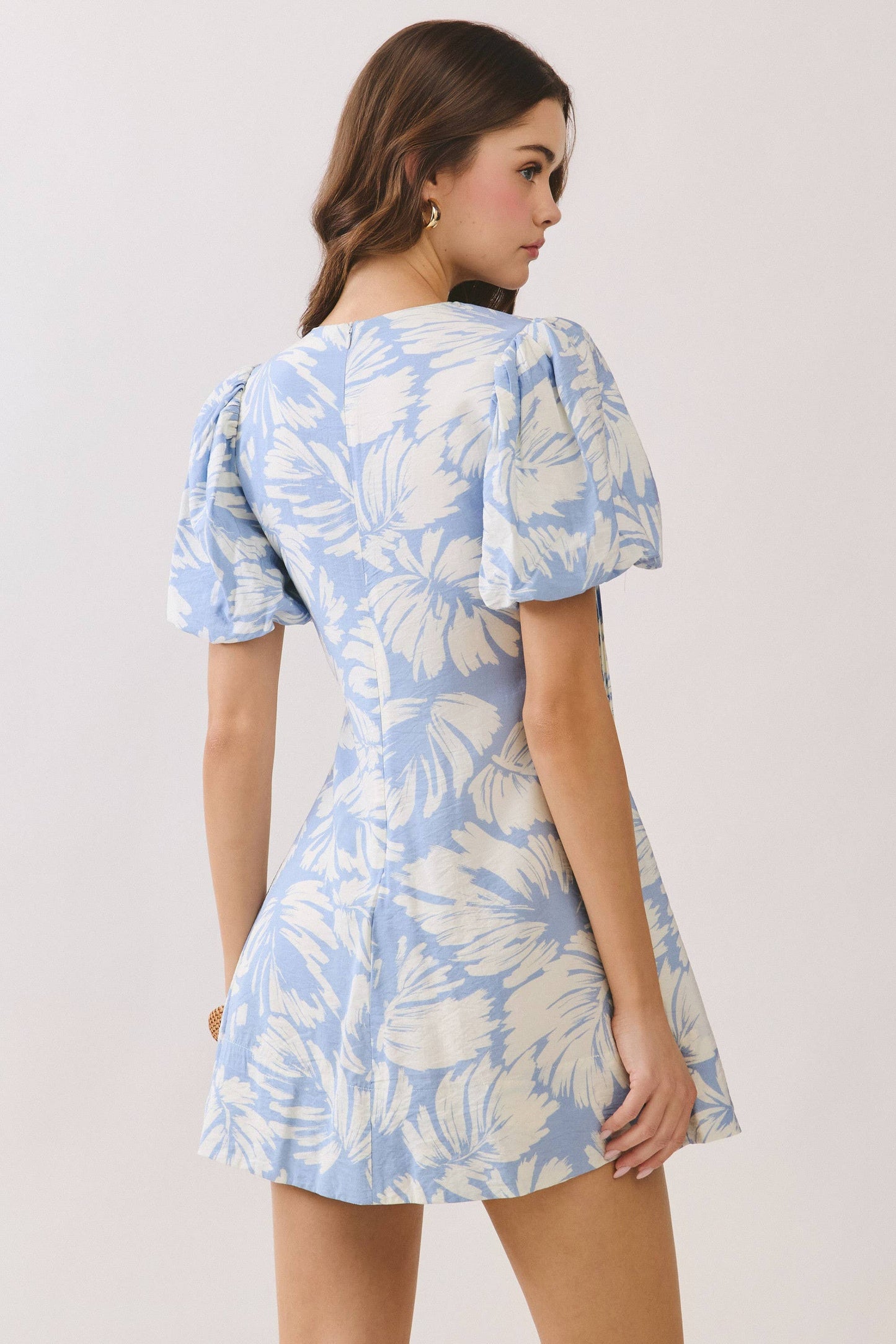 Blue Tropical Print Puff Sleeve Mini Dress