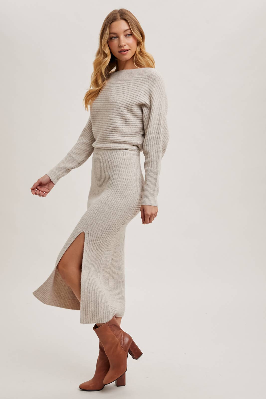 Boat Neck Side Slit Midi Sweater Dress-Oatmeal