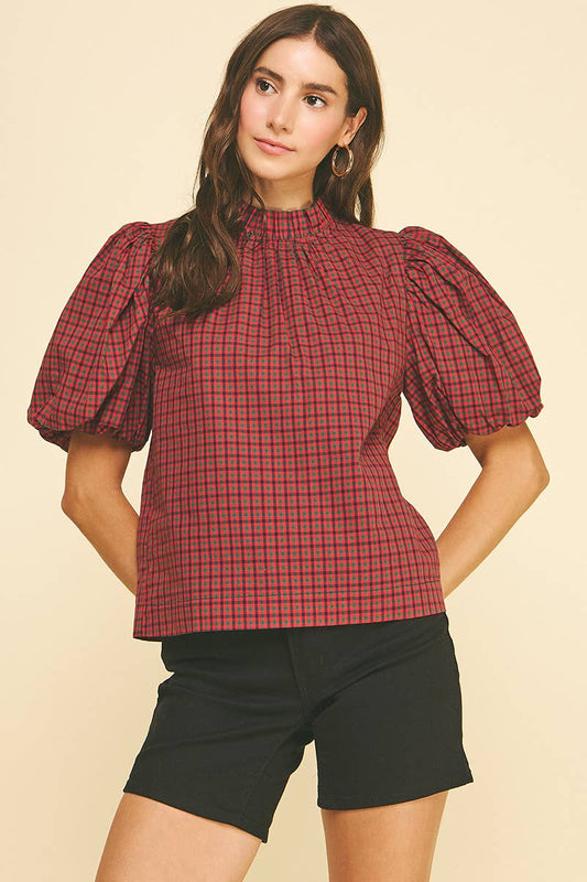 Red Plaid Ruffled Mock Neck Top with Puff Sleeve