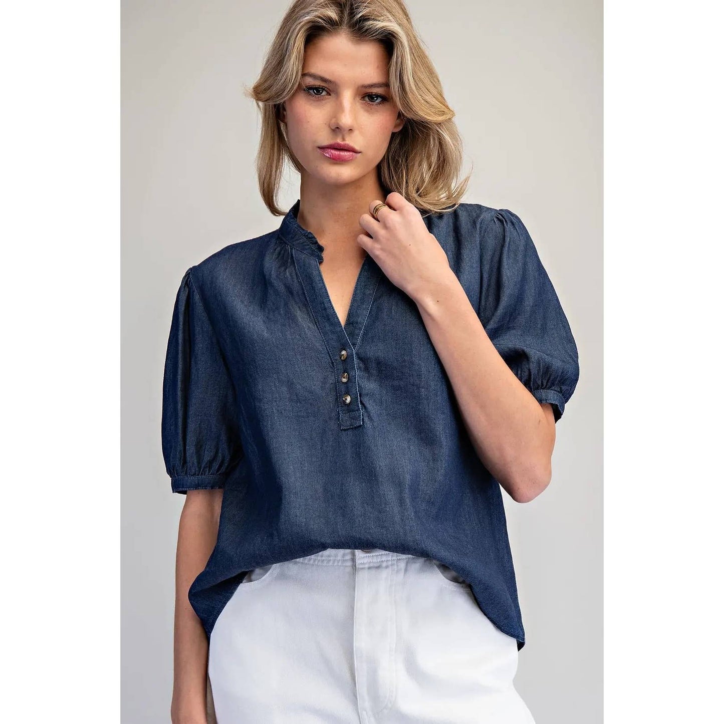 STYLE USA - NEW Ruffled Split V-Neck Blouse: DENIM / M