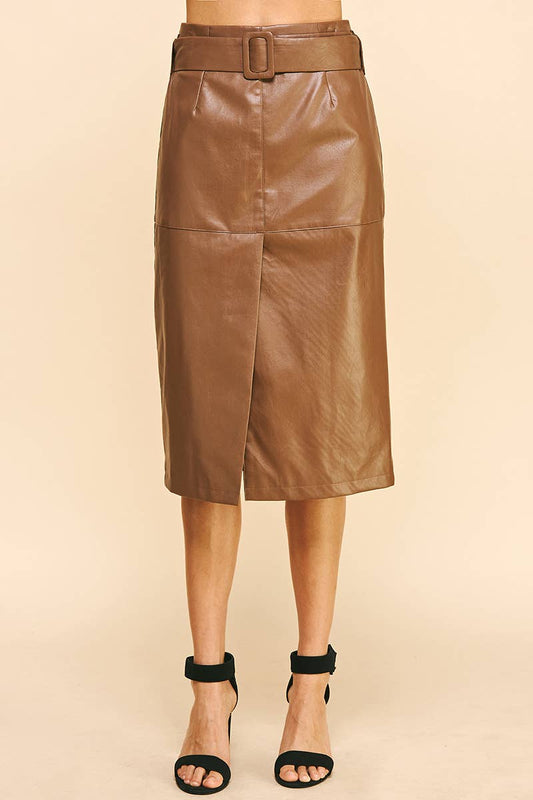 Belted Vegan Leather Midi Skirt