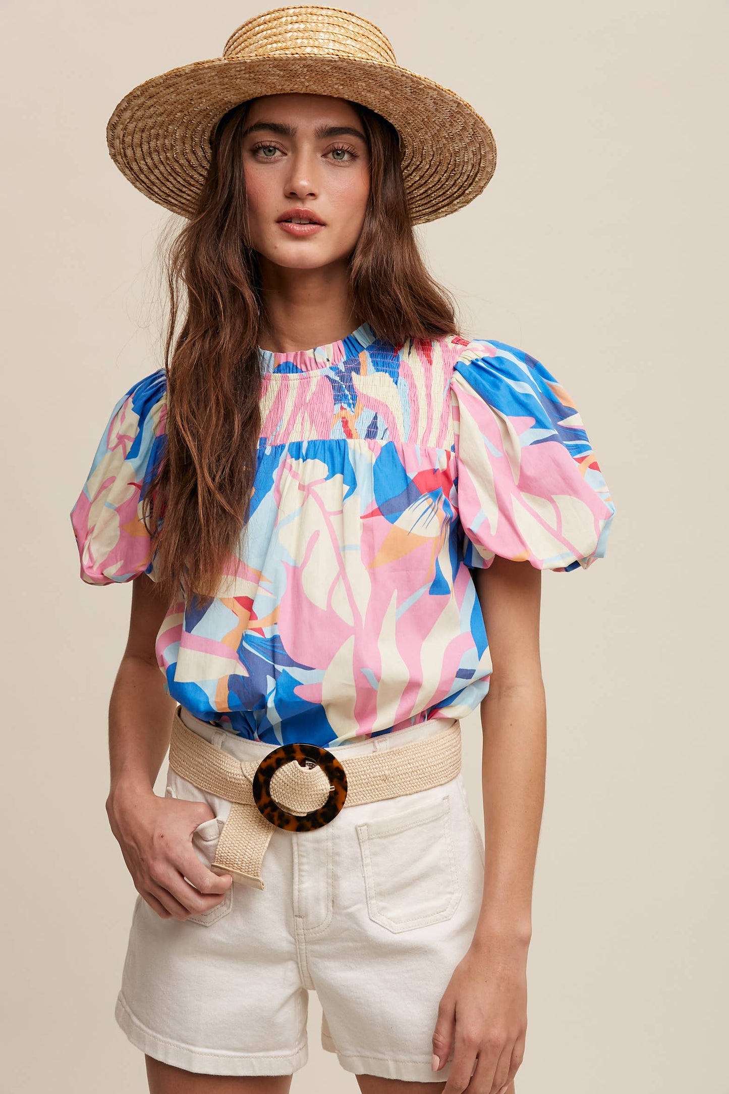 Smocked Puff-Sleeve Top Pink Multi
