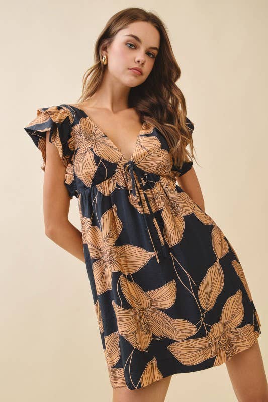 Floral Print V Neck Empire Waist Dress
