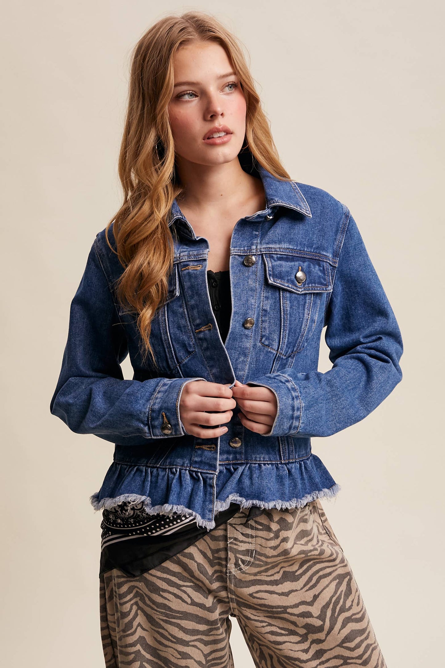 Listicle - Ruffled Hem Denim Jacket LJ0236: Light Denim / L
