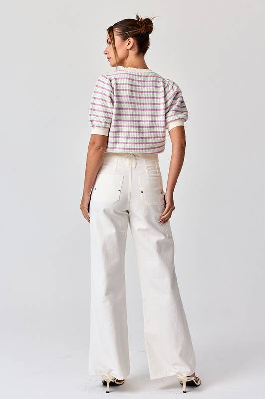 Sana Crew Neck Puff Sleeve Stripe Knit Top