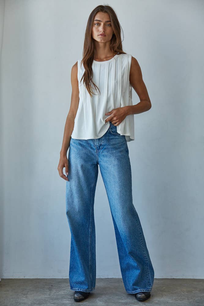 Pleated Front with Poplin Back Sleeveless Top: Cream