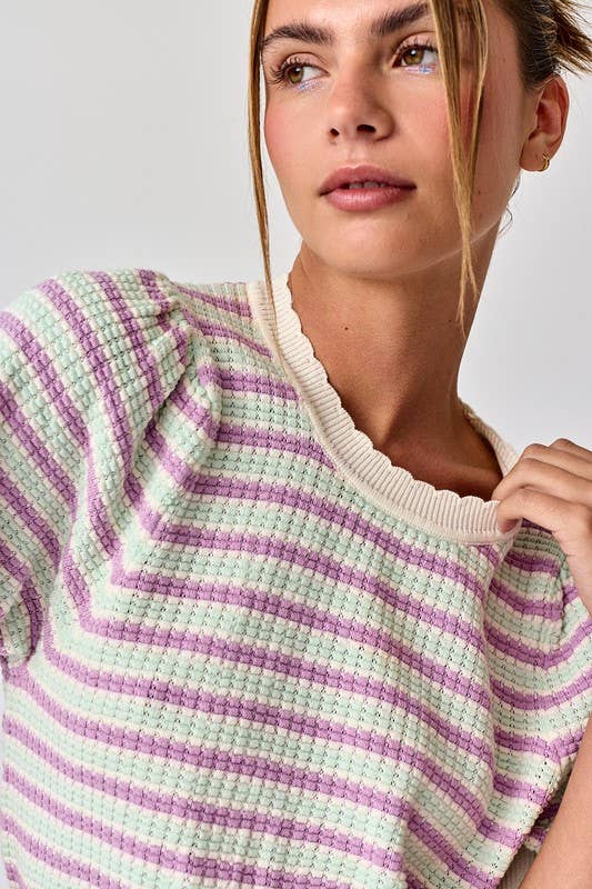 Sana Crew Neck Puff Sleeve Stripe Knit Top