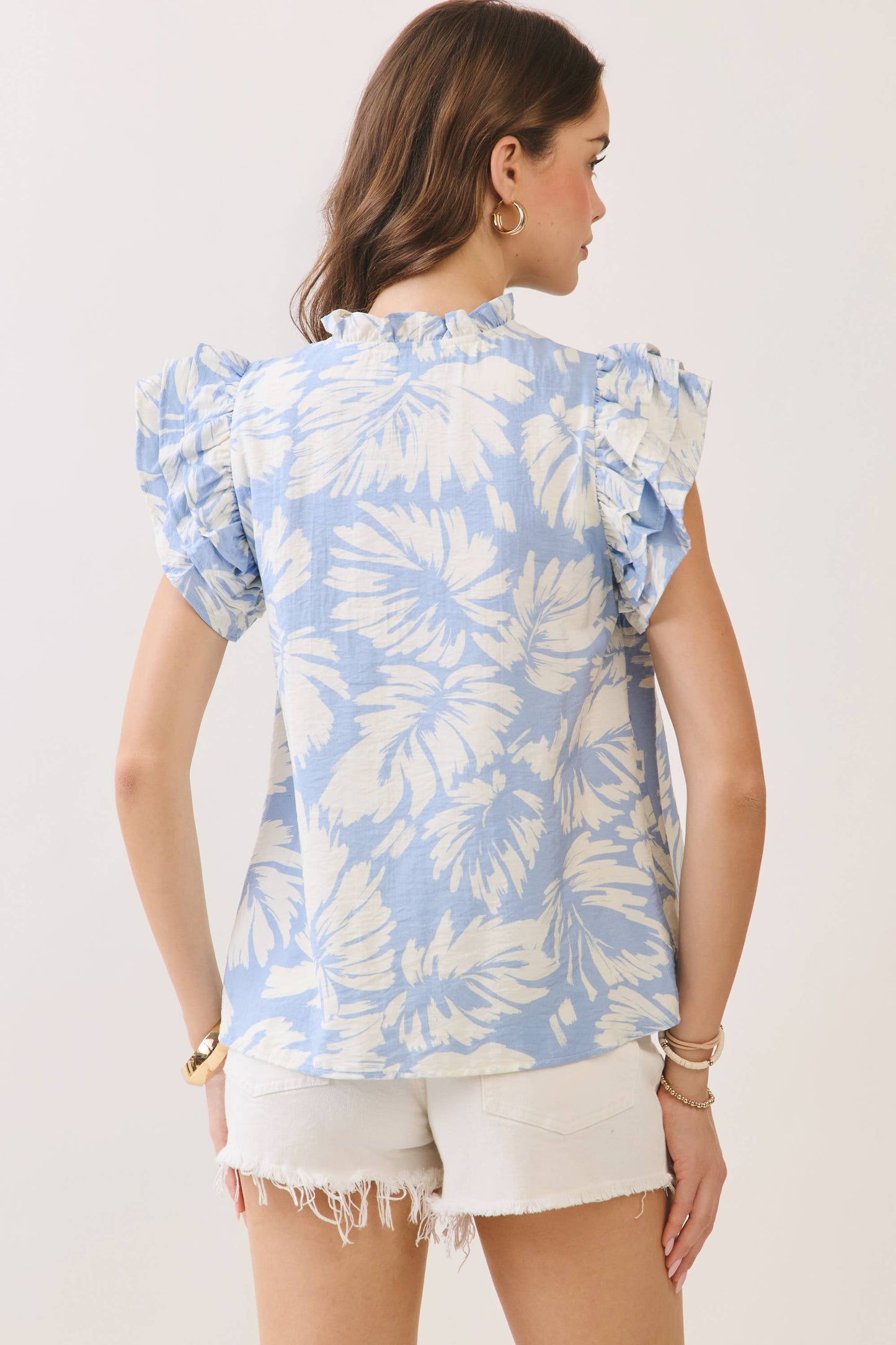Floral Print Ruffled Neck & Sleeve Top
