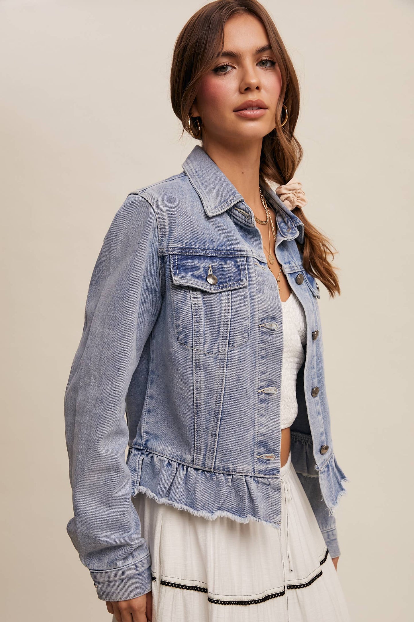Listicle - Ruffled Hem Denim Jacket LJ0236: Light Denim / L