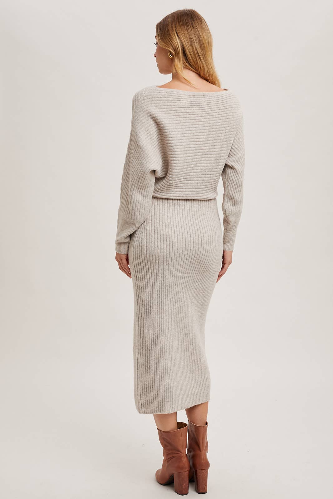 Boat Neck Side Slit Midi Sweater Dress-Oatmeal