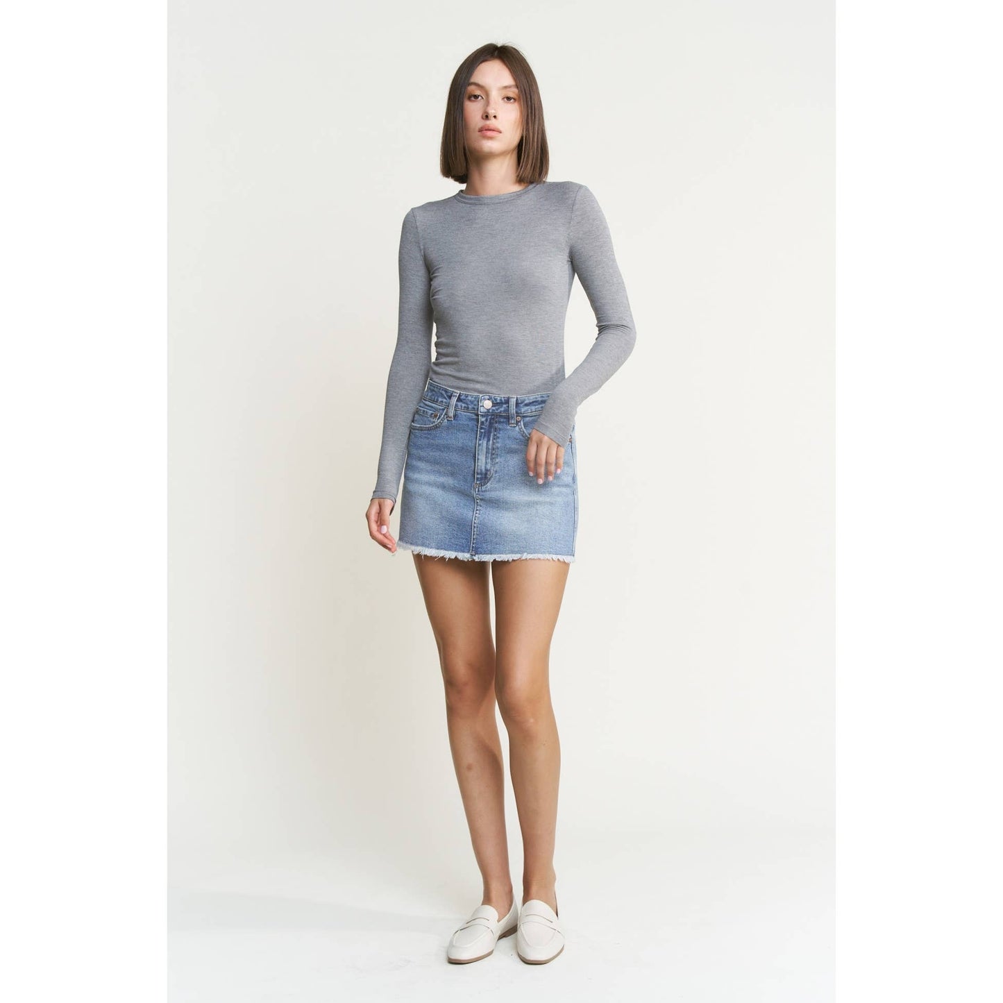 Mica Denim - DENIM MINI SKIRT WITH RAW HEM: CYAN-LIGHT BLUE / XS