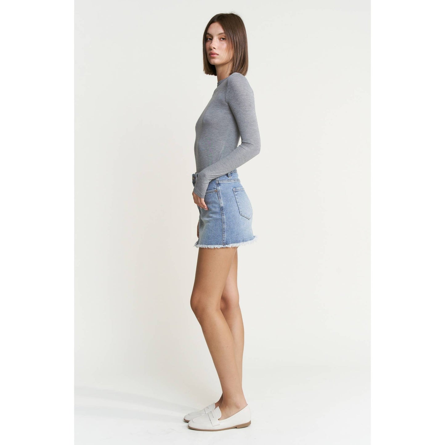 Mica Denim - DENIM MINI SKIRT WITH RAW HEM: CYAN-LIGHT BLUE / L