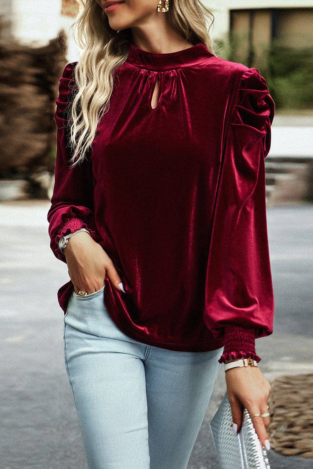 Heni Keyhole Velvet Blouse-Cranberry Red