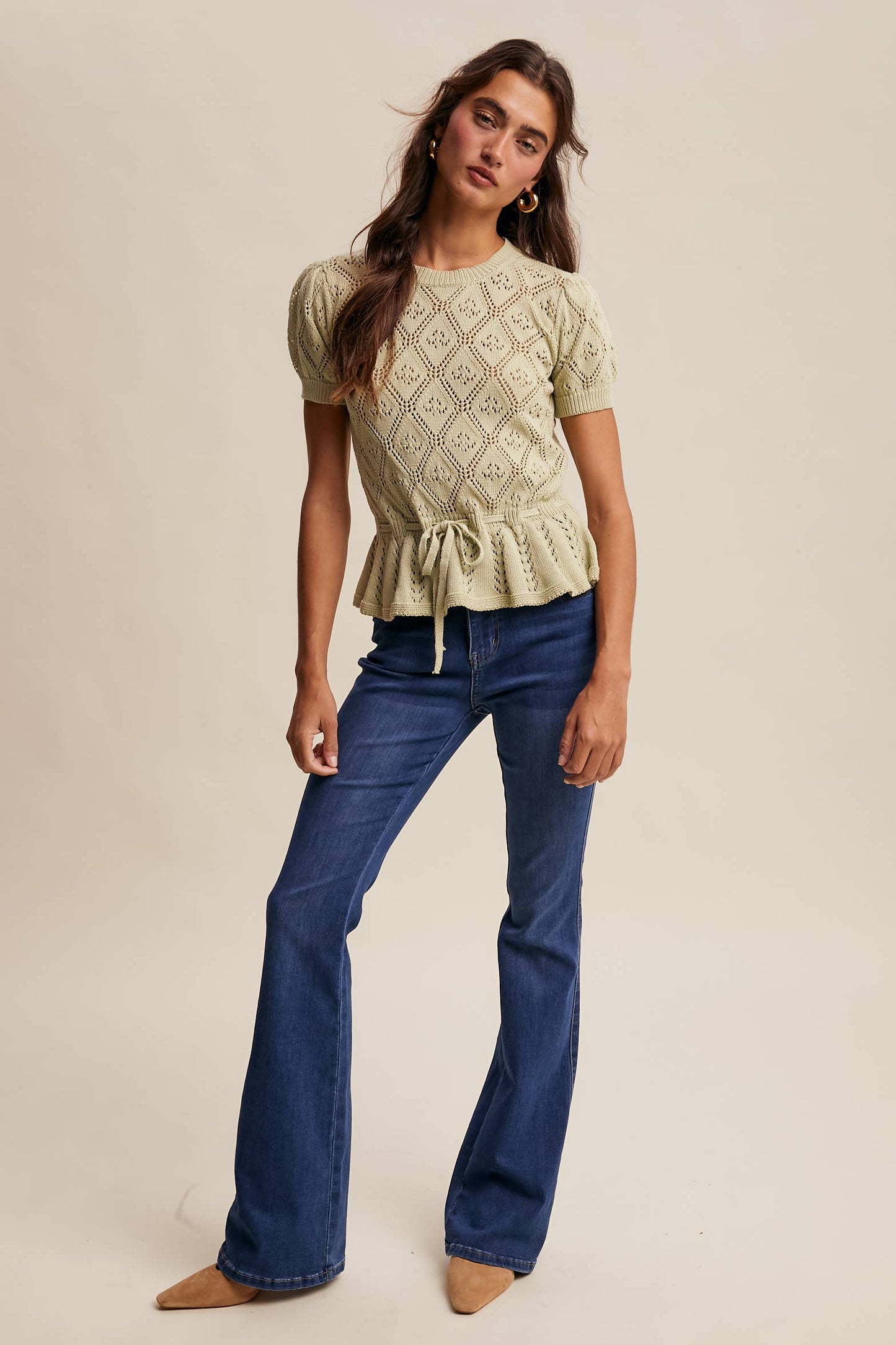 Pointelle Knit Peplum Top: Light Green