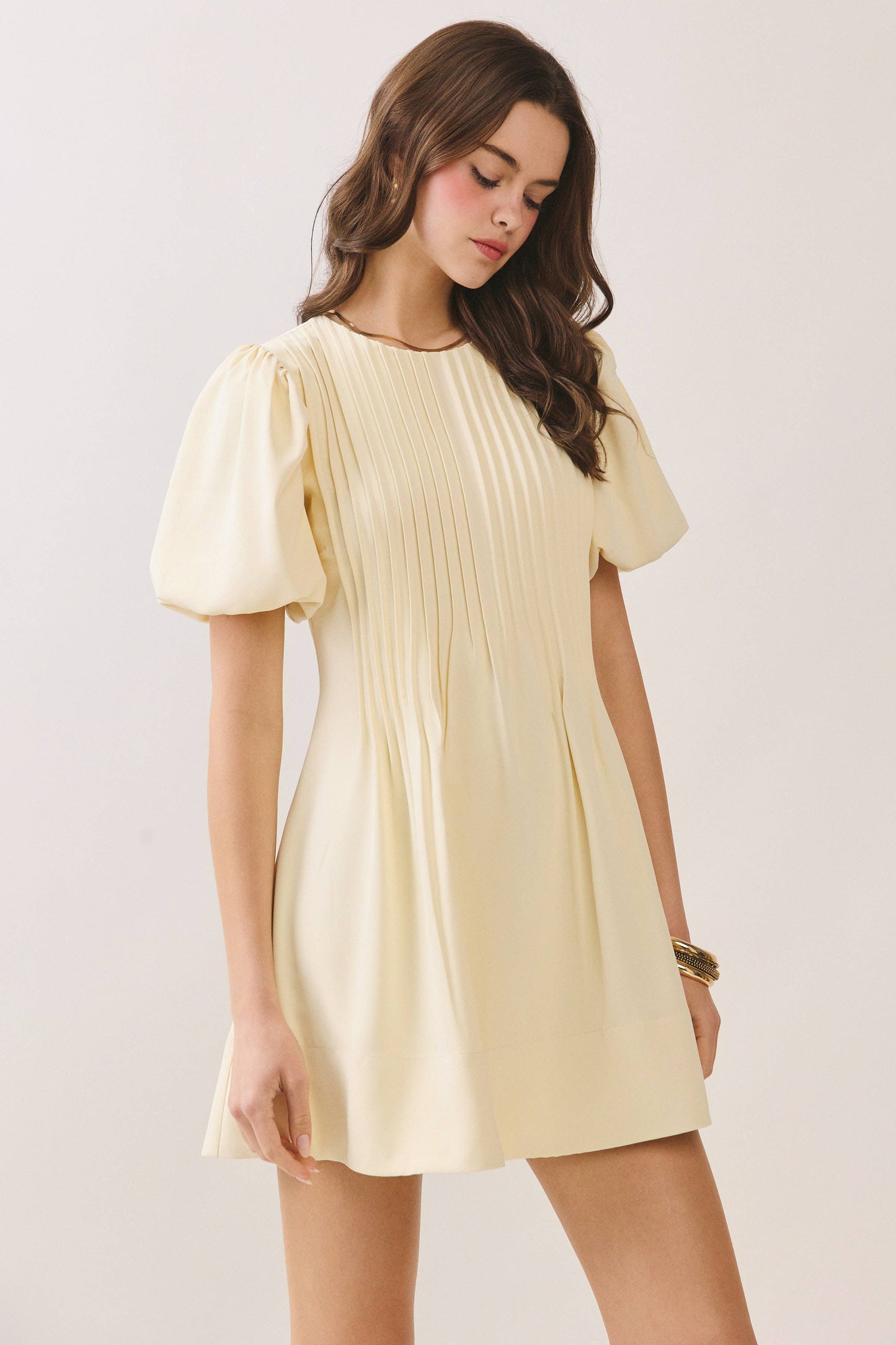 Pleated A Line Dress-Pale Yellow