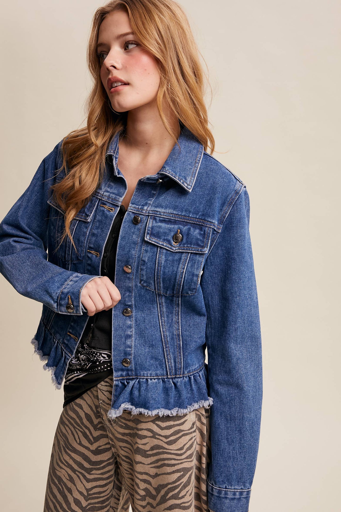 Listicle - Ruffled Hem Denim Jacket LJ0236: Light Denim / S