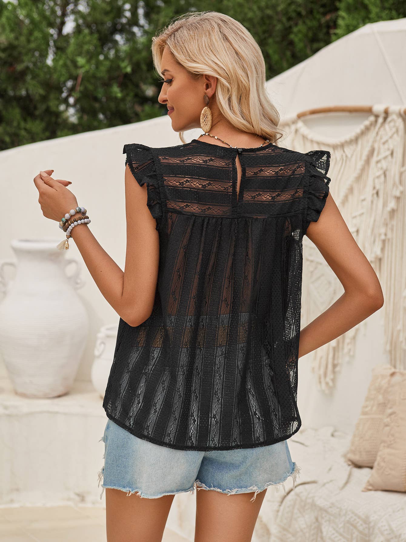 Lace Embroidered Ruffle Trim Eyelet Blouse