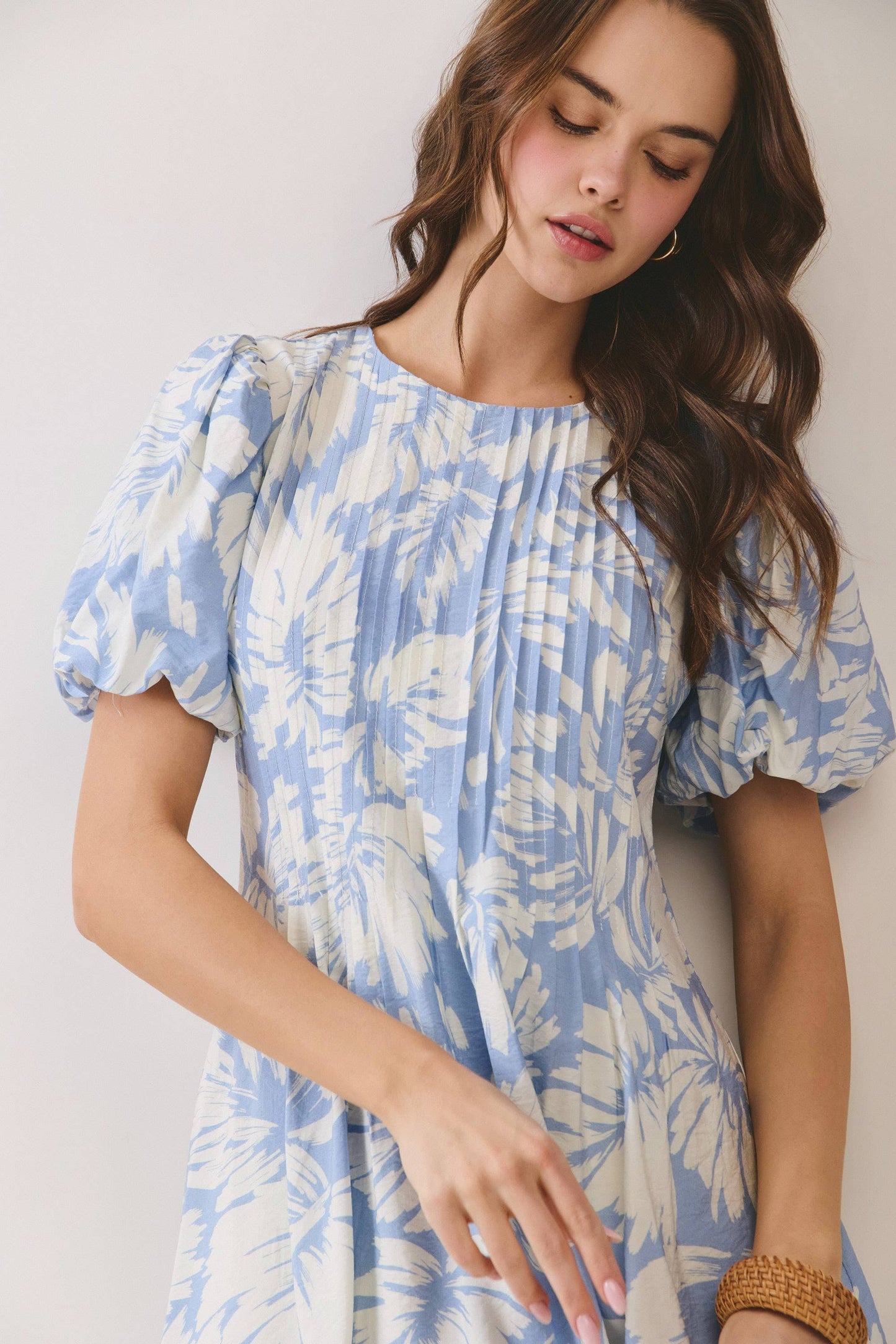 Blue Tropical Print Puff Sleeve Mini Dress