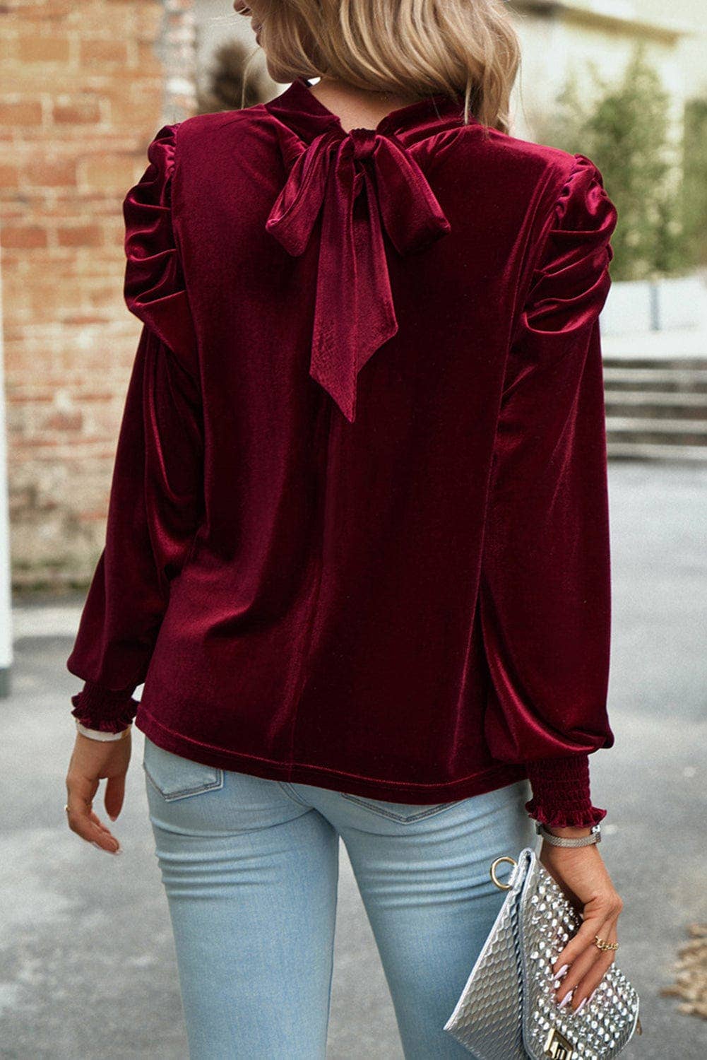 Heni Keyhole Velvet Blouse-Cranberry Red