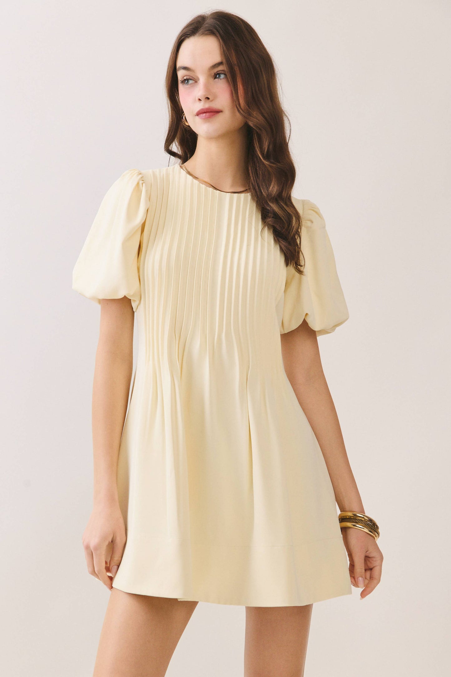 Pleated A Line Dress-Pale Yellow