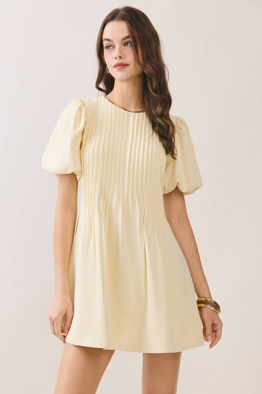 Pleated A Line Dress-Pale Yellow