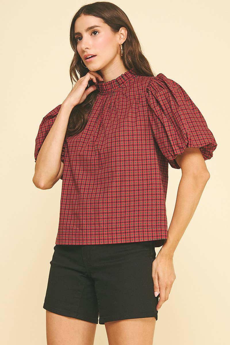 Red Plaid Ruffled Mock Neck Top with Puff Sleeve