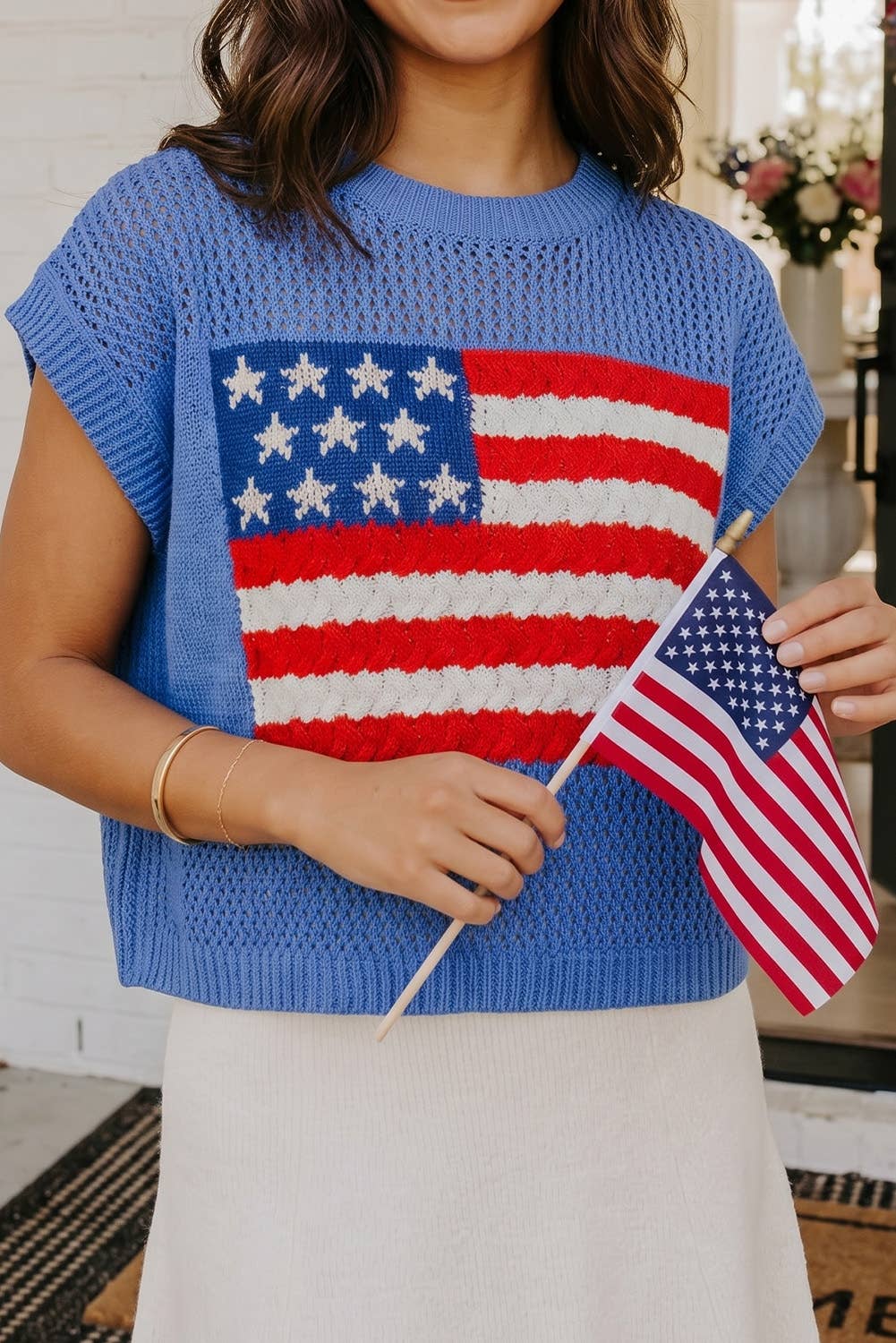 Flag Graphic Short Sleeve Sweater Top: Blue