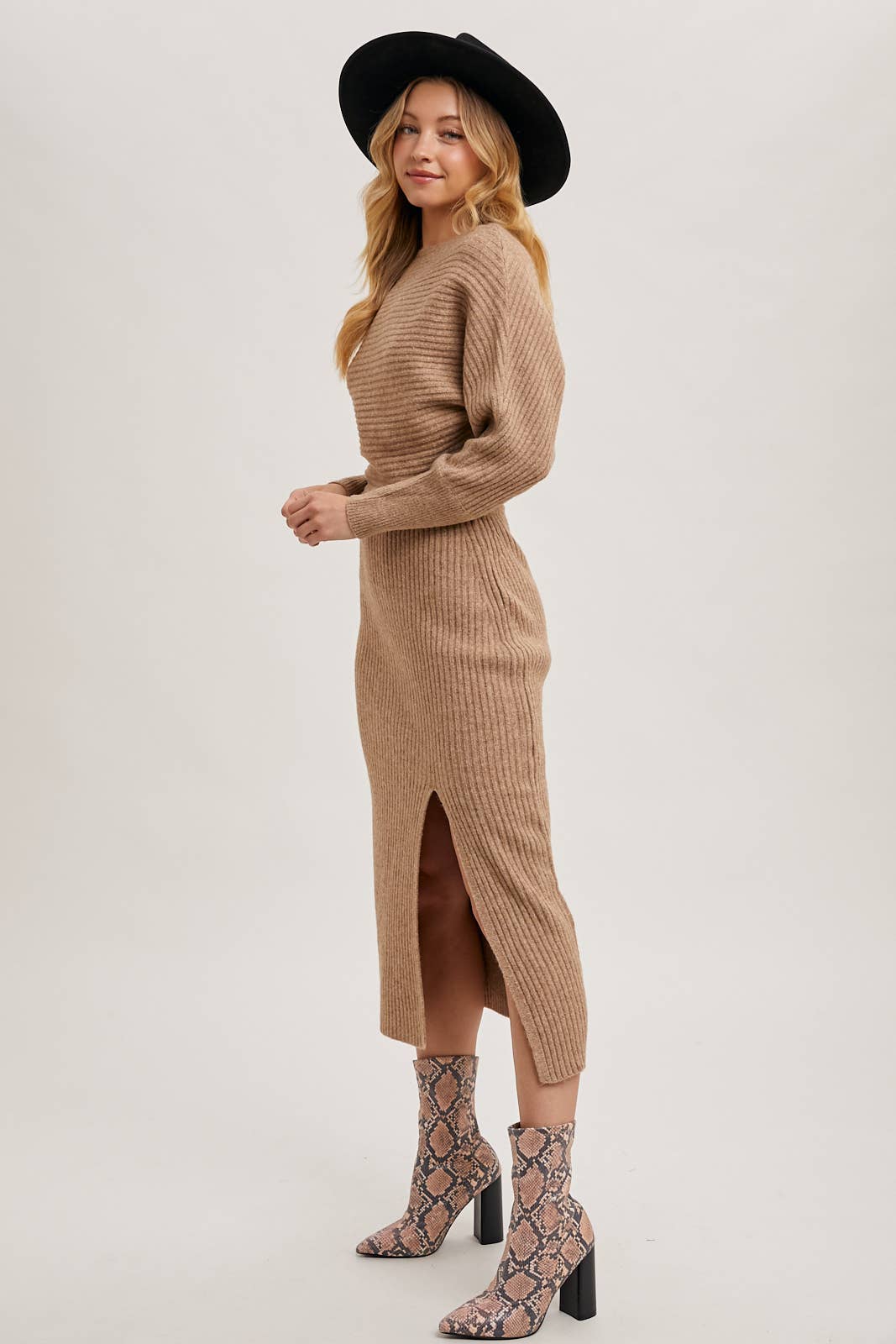 Boat Neck Side Slit Midi Sweater Dress-Oatmeal