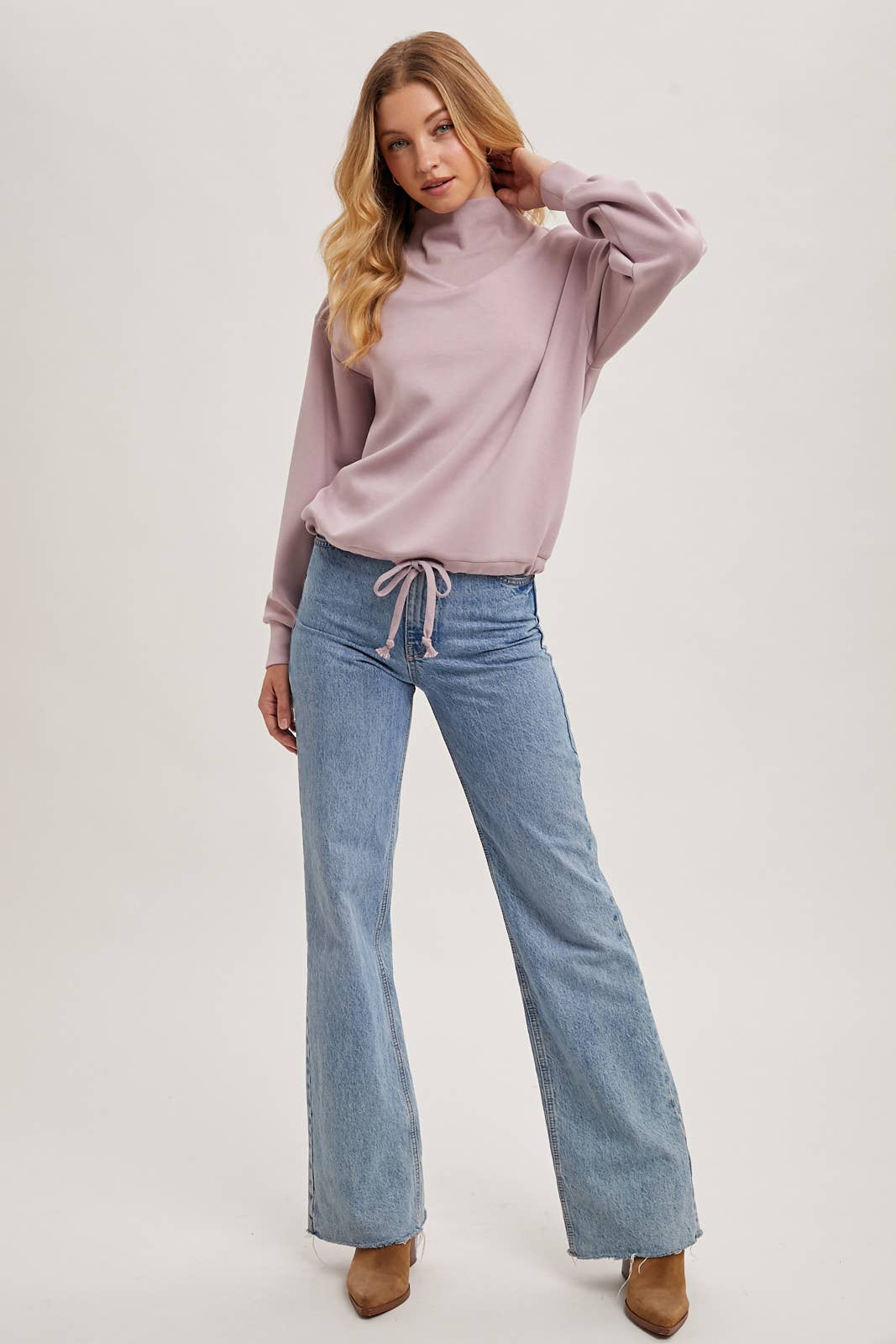 Mock Neck Pullover with Drawstring Waist