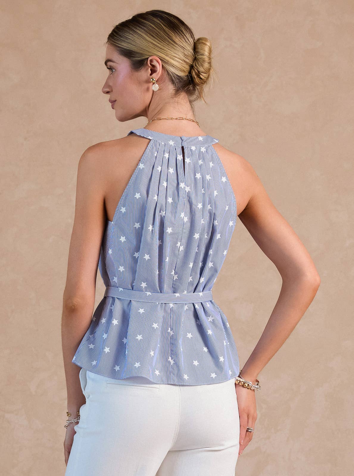 Current Air - Stripe Star Print Belted Halter Top: Blue White / L