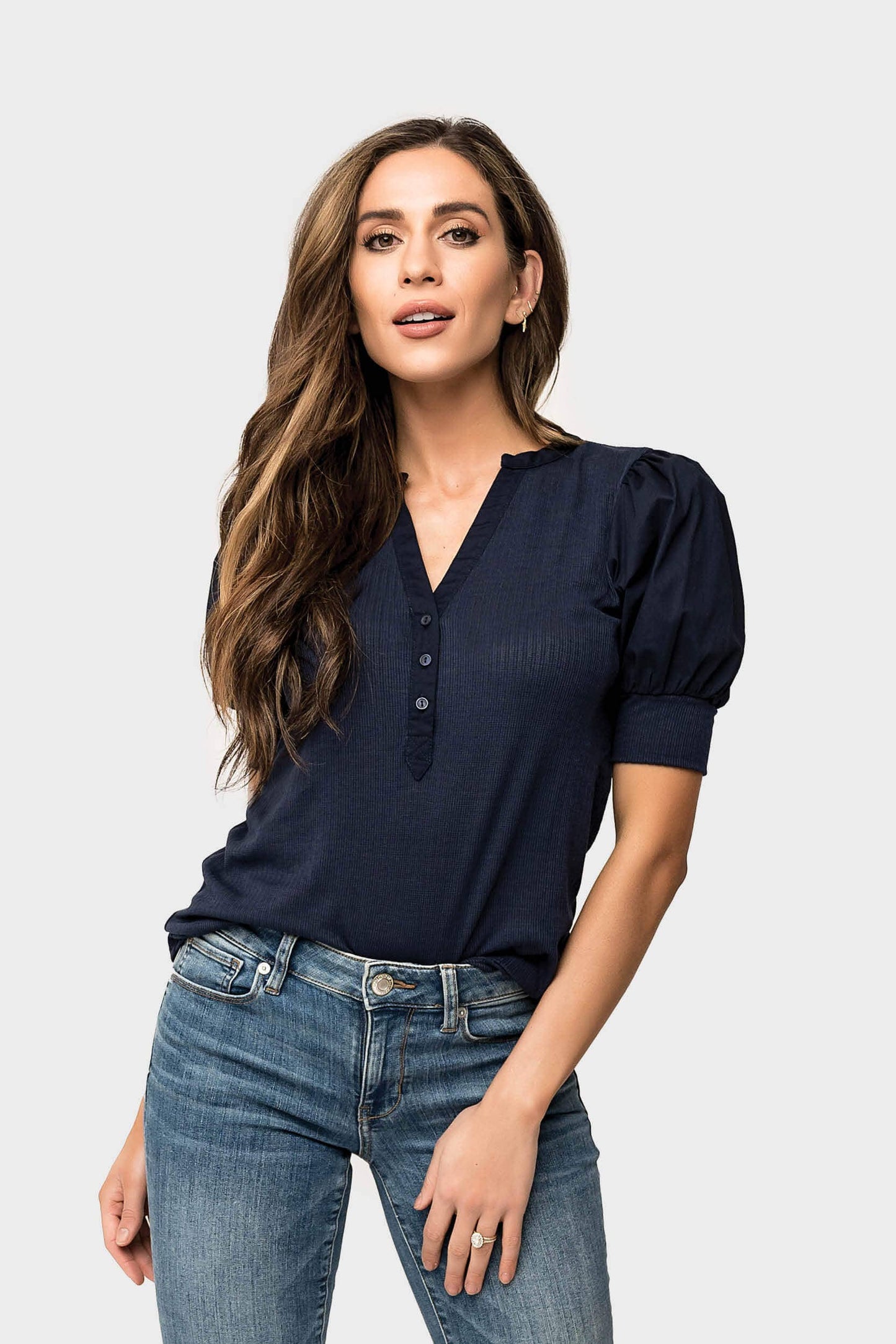 Mixed Media Henley Top with Puff Sleeve