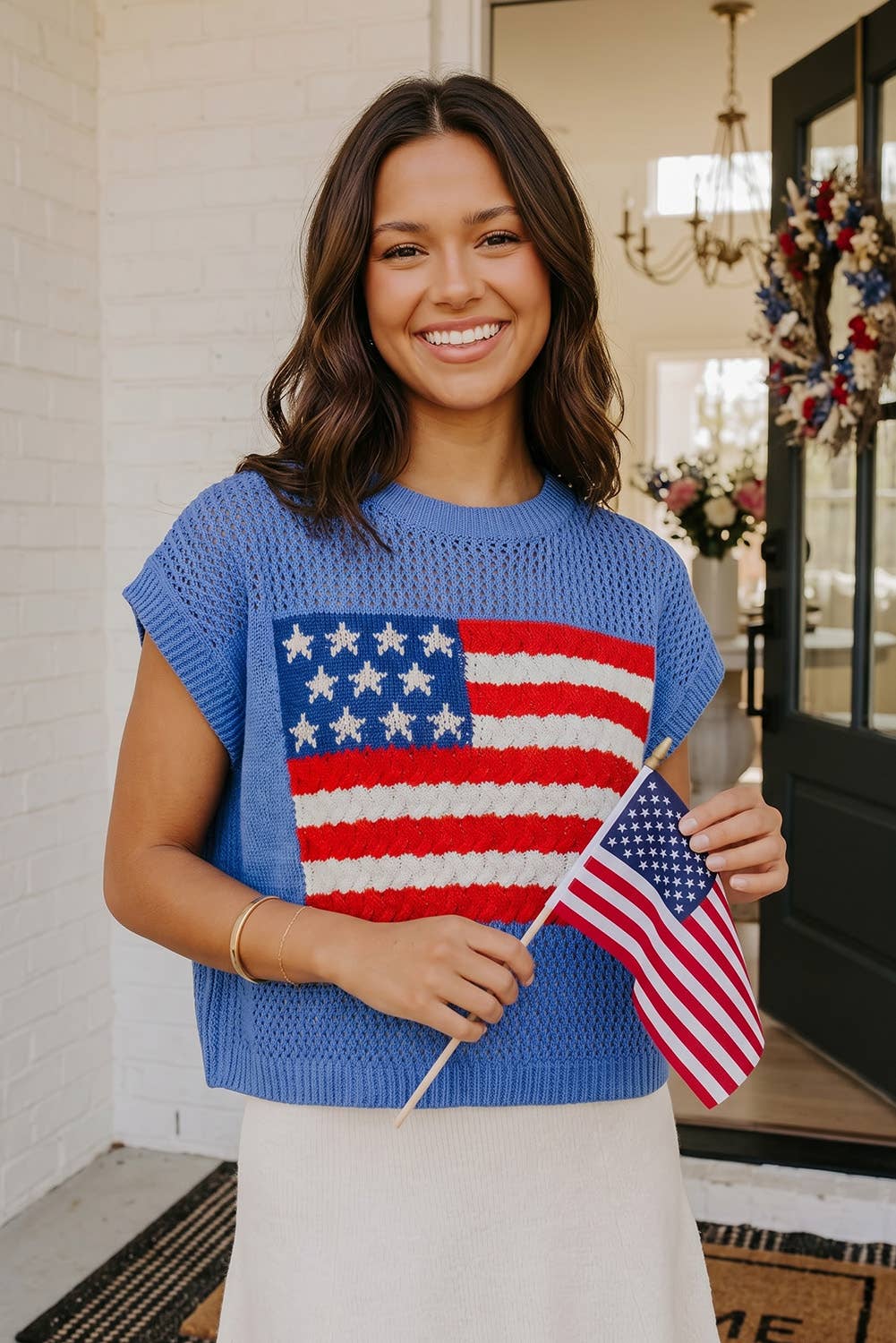 Flag Graphic Short Sleeve Sweater Top: Blue