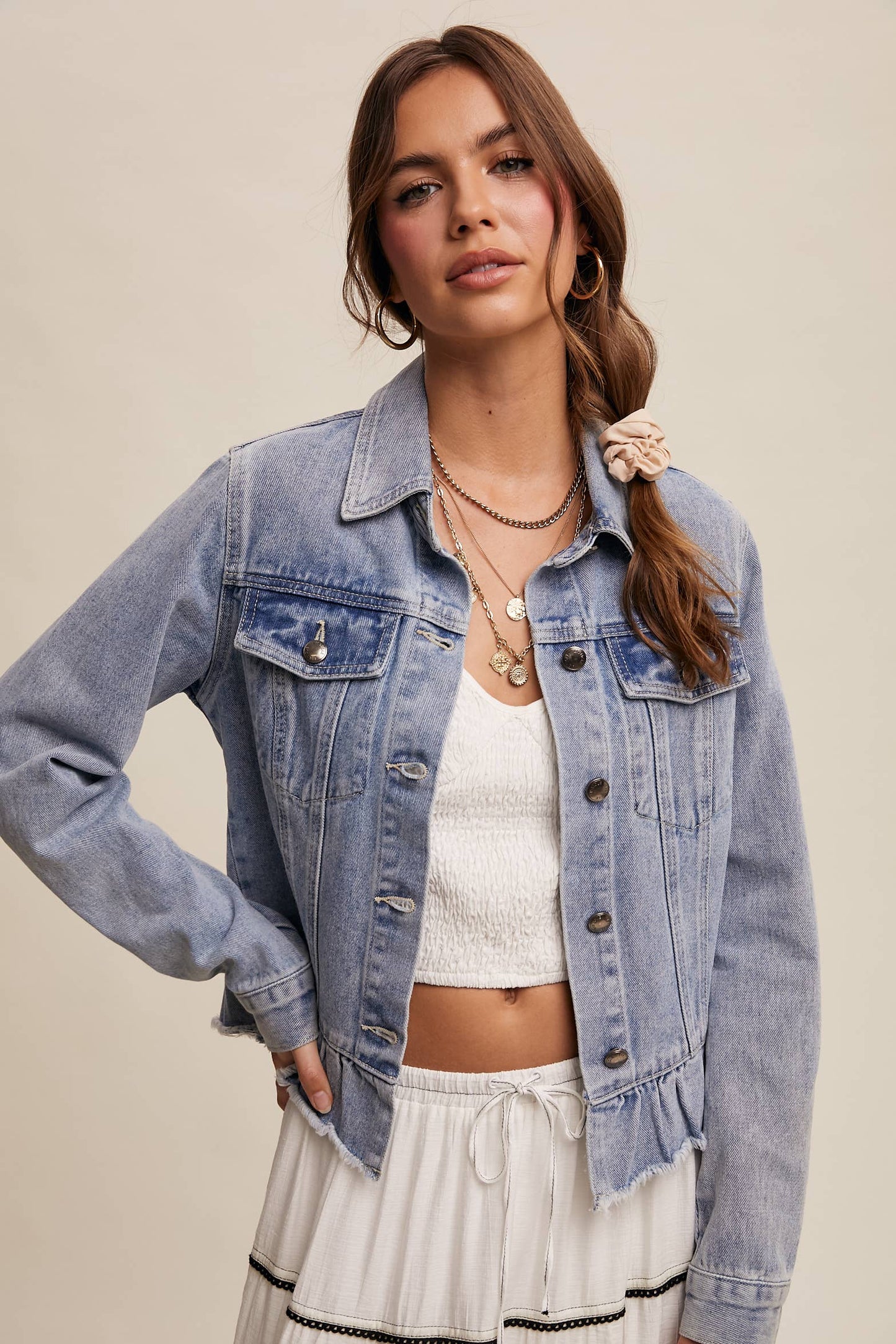 Ruffled Hem Denim Jacket: Light Denim