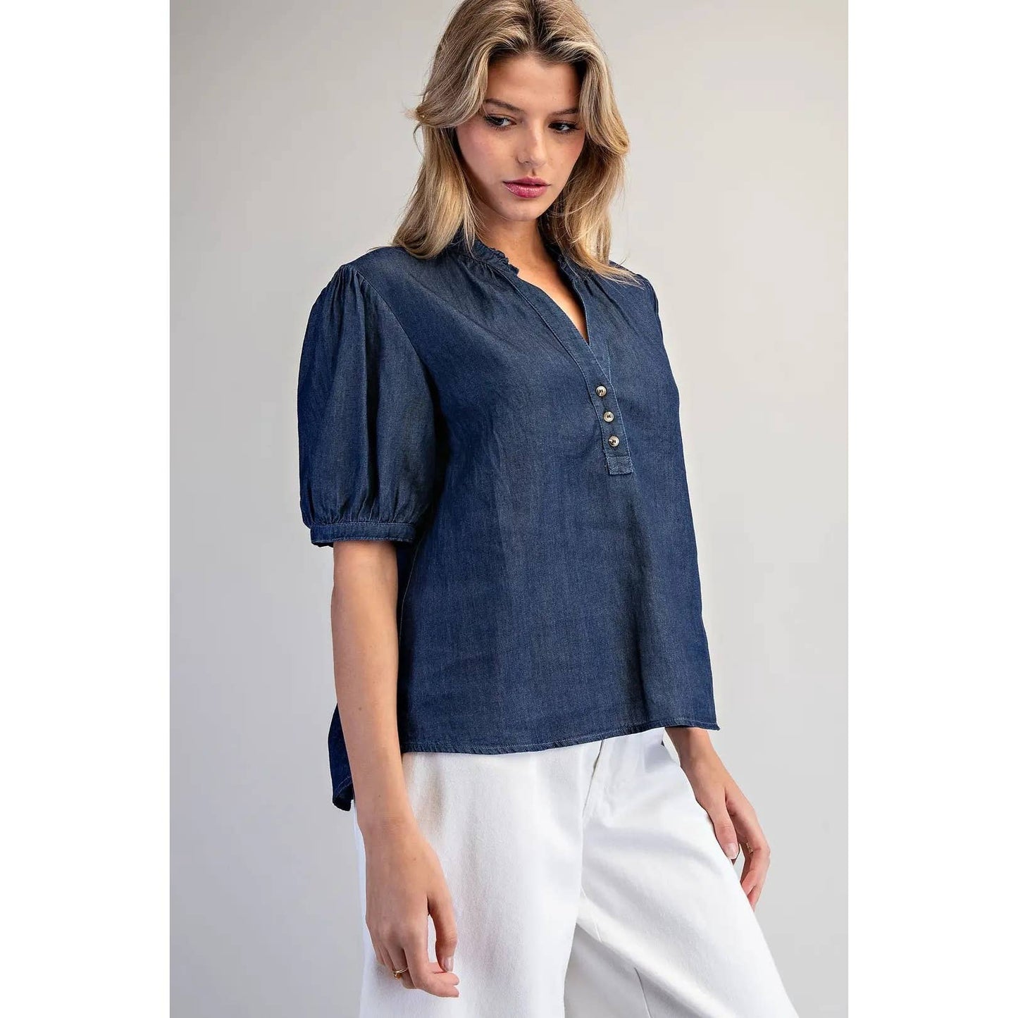 STYLE USA - NEW Ruffled Split V-Neck Blouse: DENIM / L
