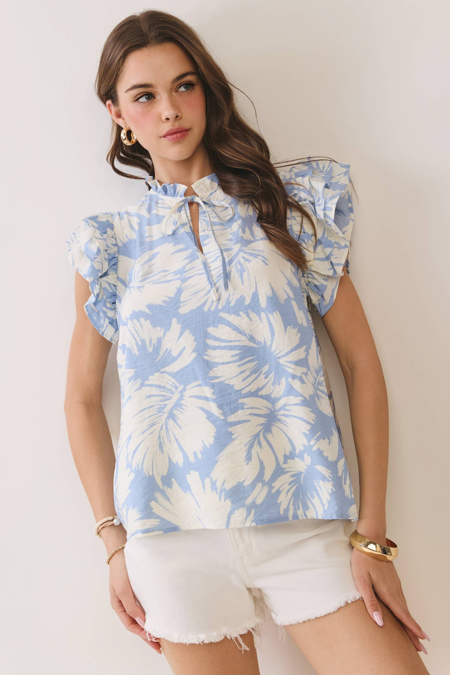 Floral Print Ruffled Neck & Sleeve Top