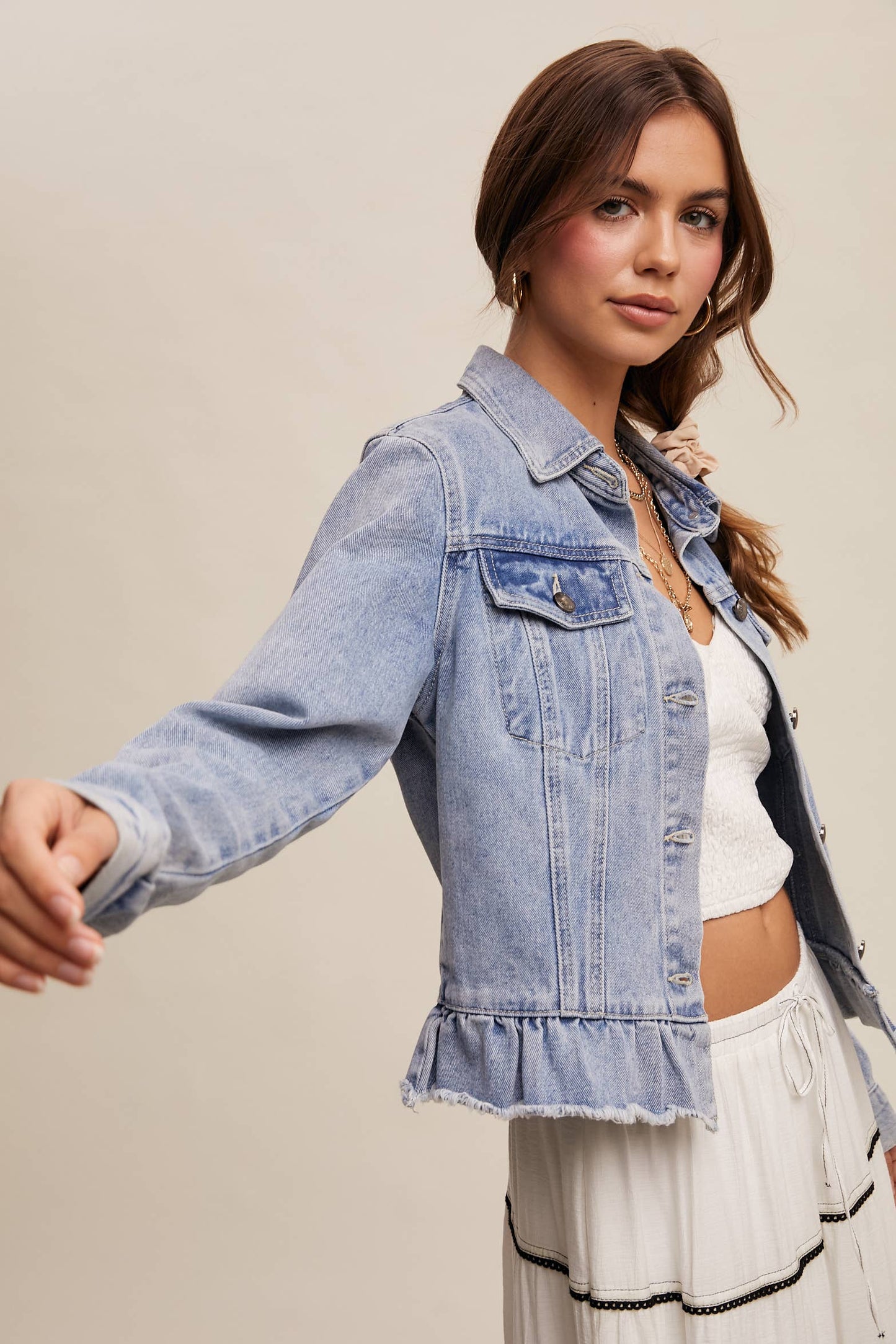 Ruffled Hem Denim Jacket: Light Denim