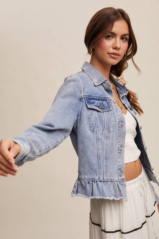 Ruffled Hem Denim Jacket: Light Denim