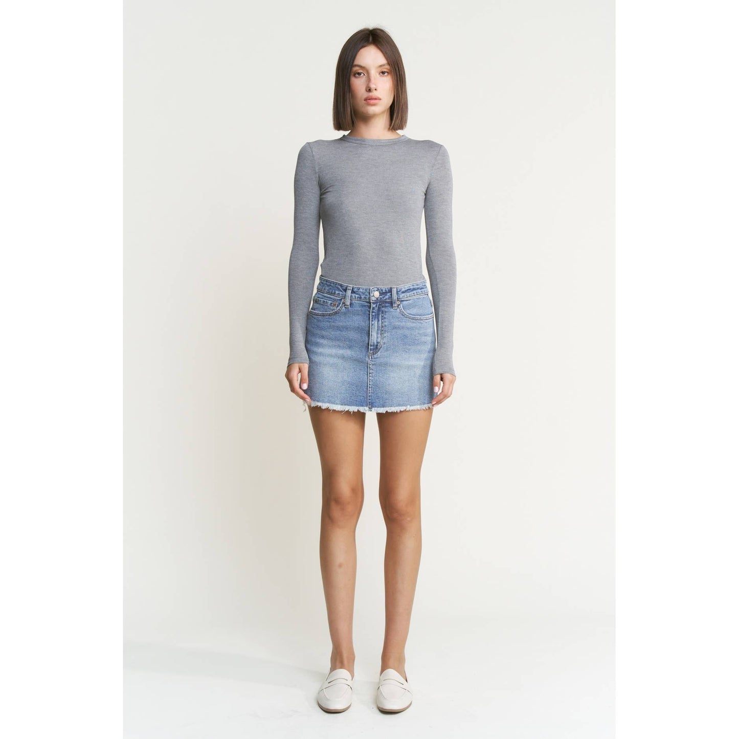Mica Denim - DENIM MINI SKIRT WITH RAW HEM: CYAN-LIGHT BLUE / L