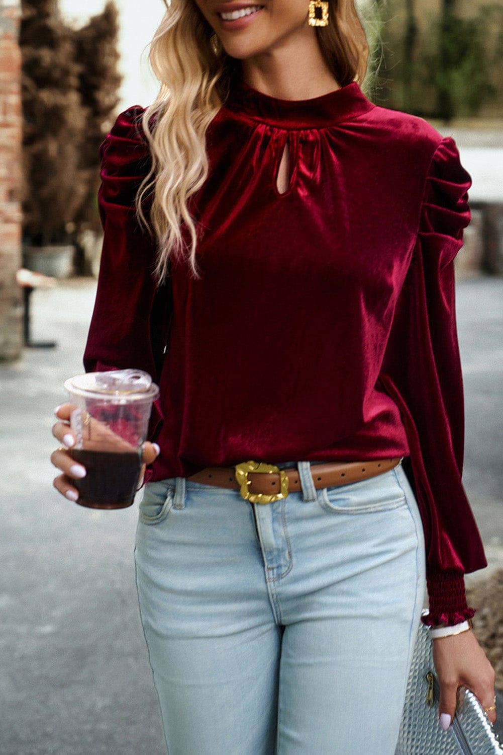 Heni Keyhole Velvet Blouse-Cranberry Red