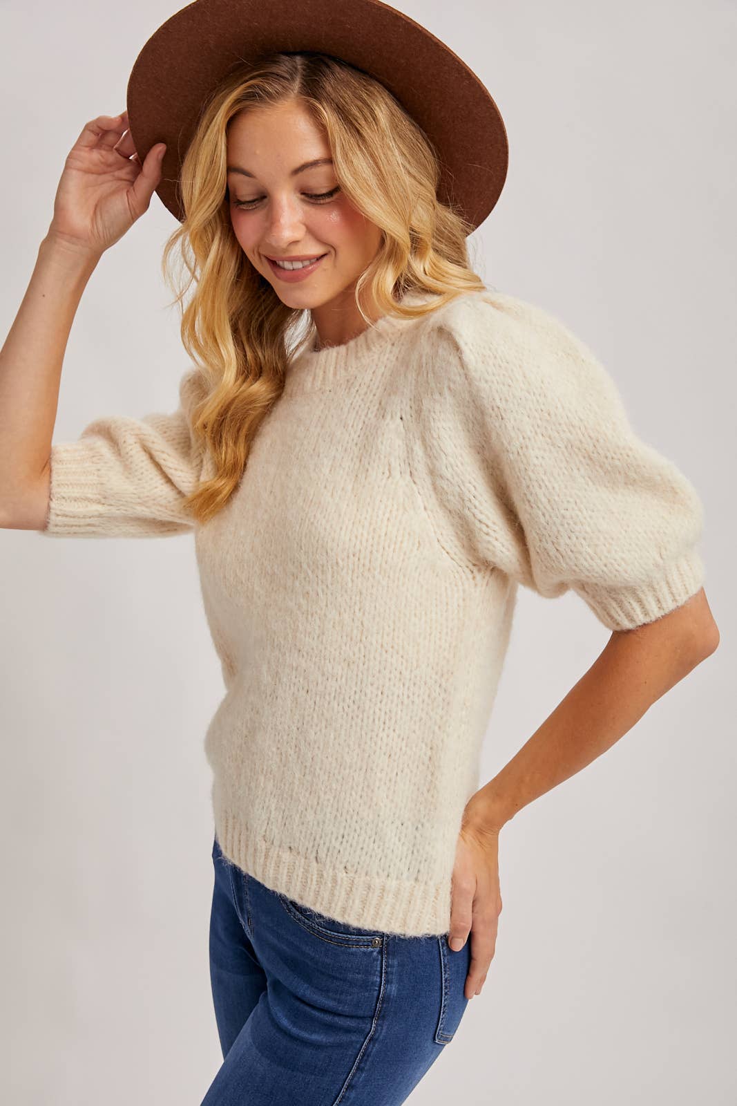 Puff Sleeve Soft Knit Sweater-Cream
